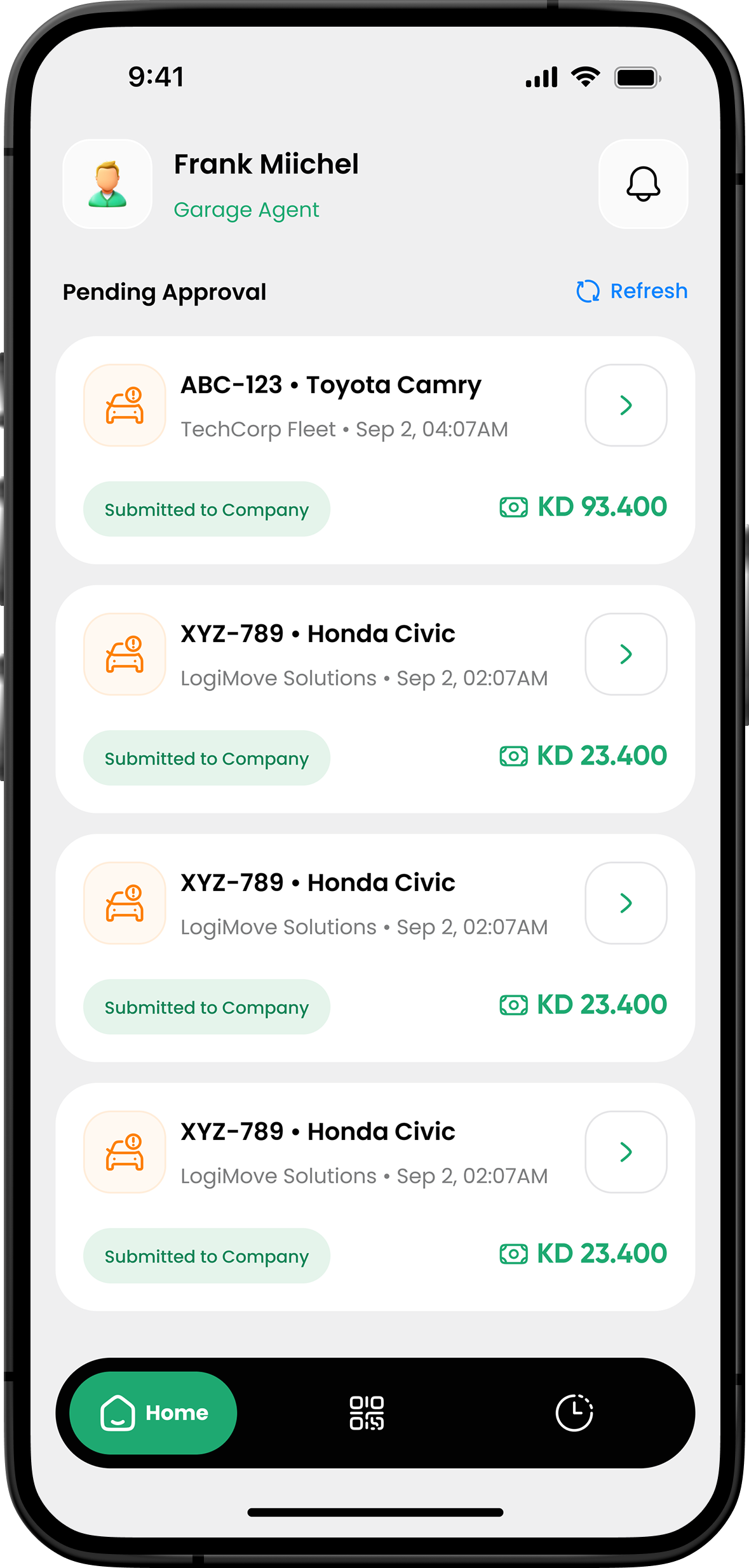 Garage app interface